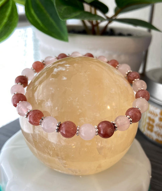 Sunstone and Rose Quartz Bracelet, handmade 6mm genuine gemstone stretch beaded bracelet for spiritual healing and protection