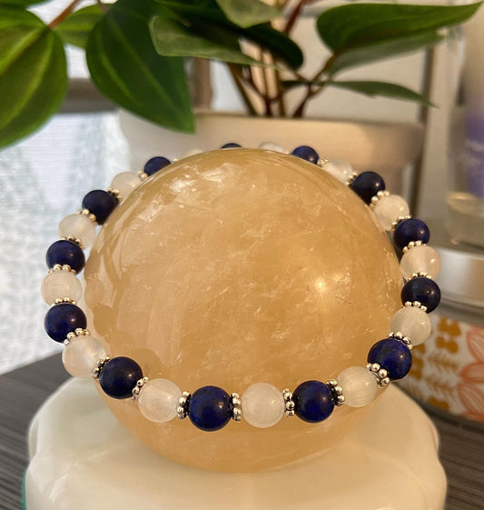 Lapis Lazuli and Selenite Bracelet, handmade 6mm genuine gemstone stretch beaded bracelet for spiritual healing and protection