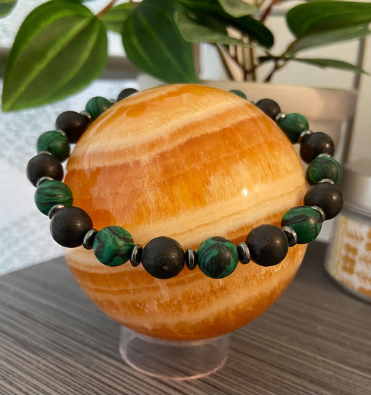 Malachite, Shungite and Hematite Bracelet, handmade 8mm genuine gemstone stretch beaded bracelet for spiritual protection