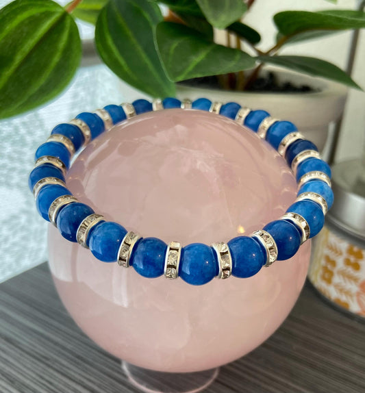 Kyanite and Crystal Rondelle Bracelet, handmade 8mm genuine gemstone stretch beaded bracelet for spiritual healing and protection