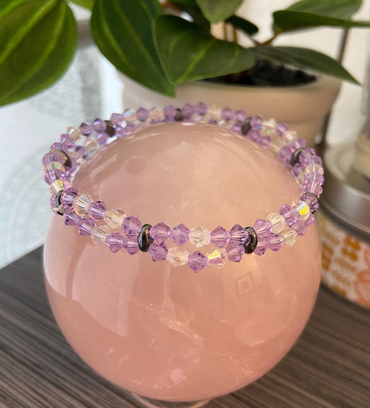 Genuine Czech Crystal Violet AB and Clear 4mm Bicone Double Loop Bracelet, handmade stretch bead for spiritual healing and protection
