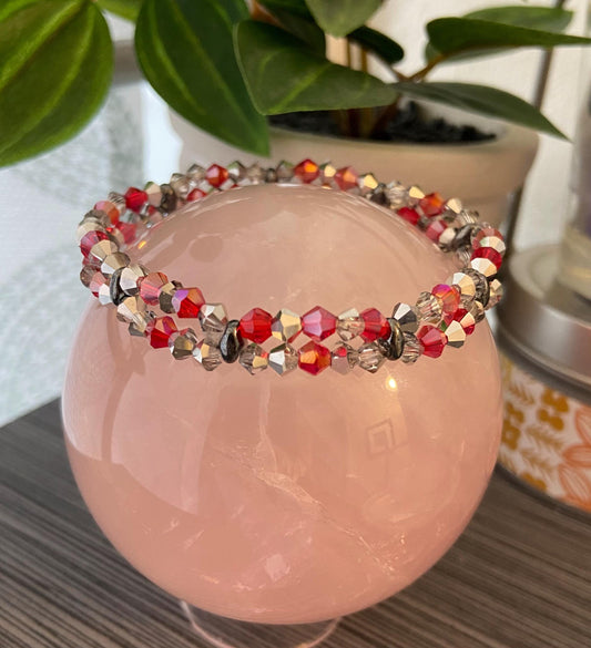 Genuine Czech Crystal Labrador Halfcoat and Ruby 4mm Bicone Double Loop Bracelet, handmade stretch bead for spiritual healing and protection