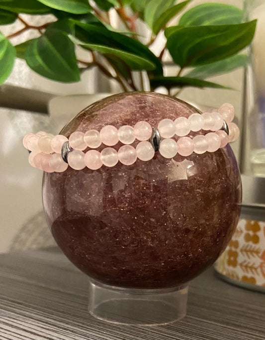 Genuine Rose Quartz Double Loop Bracelet, handmade 4mm gemstone hematite glass stretch beaded bracelet for spiritual healing and protection