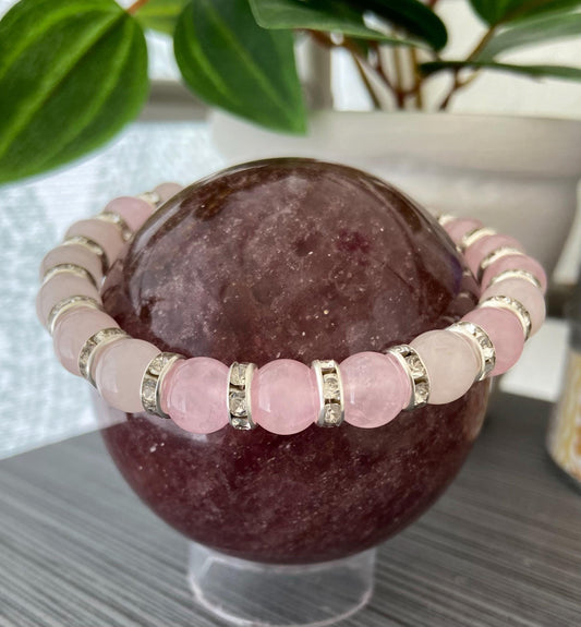 Rose Quartz and Crystal Rondelle Bracelet, handmade 8mm genuine gemstone stretch beaded bracelet for spiritual healing and protection