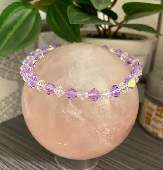 Genuine 6mm Czech Crystal Violet AB 5mm Swarovski® Elements Austrian Clear Bicone Handmade Stretch Bead Bracelet Spiritual Protection Bling