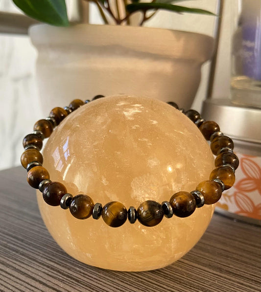 Tiger Eye and Hematite Bracelet, handmade 6mm genuine gemstone stretch beaded bracelet for spiritual healing and protection