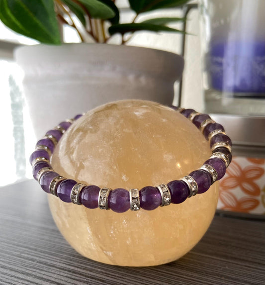 Amethyst and Crystal Rondelle Bracelet, handmade 6mm genuine gemstone stretch beaded bracelet for spiritual healing and protection