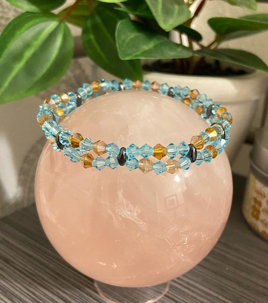 Genuine Czech Crystal Aqua and Topaz AB 4mm Bicone Double Loop Bracelet, handmade stretch bead for spiritual healing and protection
