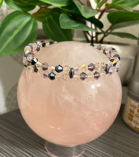 Genuine Czech Crystal Light Rose AB and Charcoal 4mm Bicone Double Loop Bracelet, handmade stretch bead for spiritual healing and protection