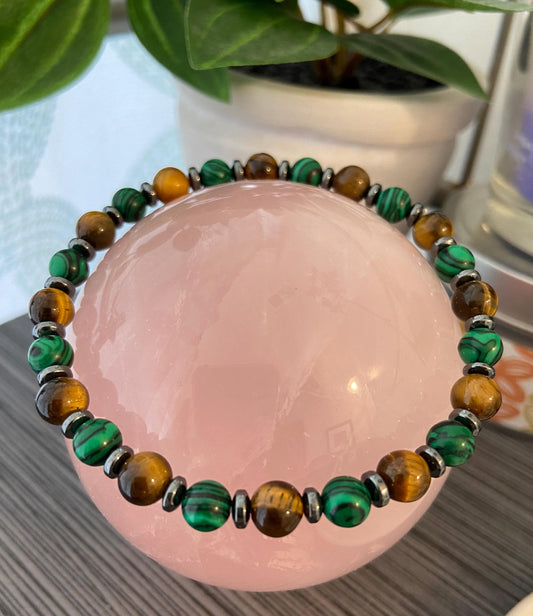 Malachite, Tiger Eye and Hematite Bracelet, handmade 6mm genuine gemstone stretch beaded bracelet for spiritual protection