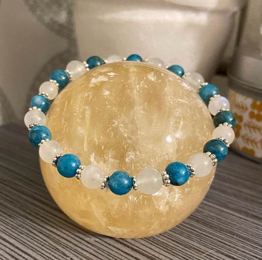Apatite and Blue Flash Moonstone Bracelet, handmade 6mm genuine gemstone stretch beaded bracelet for spiritual healing and protection