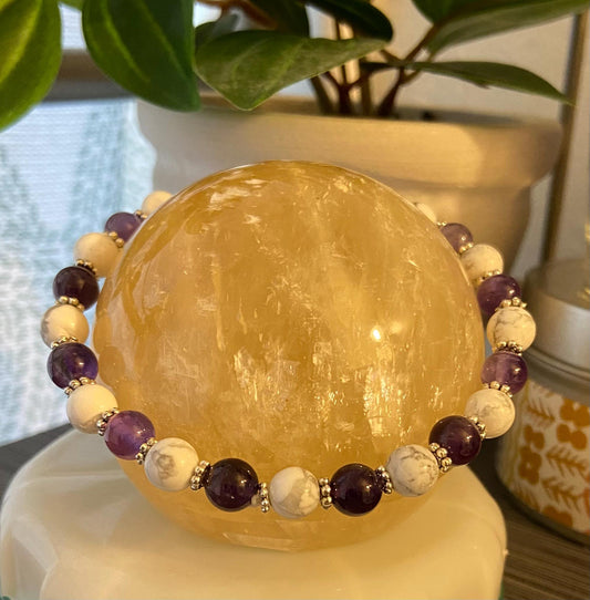 Amethyst and Howlite Bracelet, handmade 6mm genuine gemstone stretch beaded bracelet for spiritual healing and protection