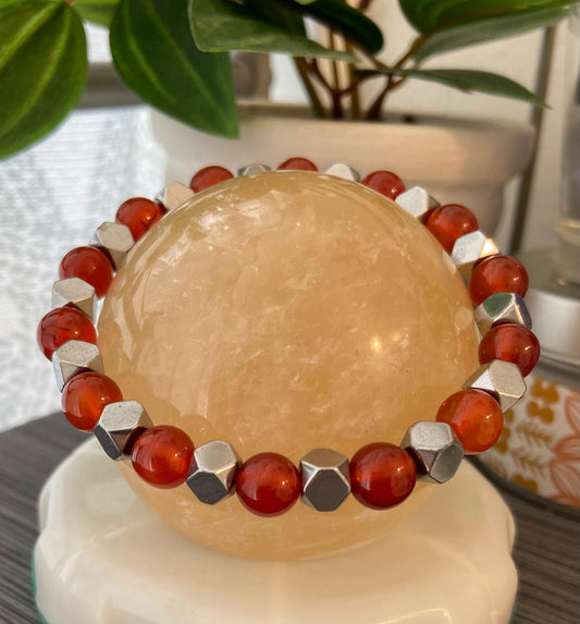 Carnelian and Hematite Bracelet, handmade 8mm genuine gemstone stretch beaded bracelet for spiritual healing and protection