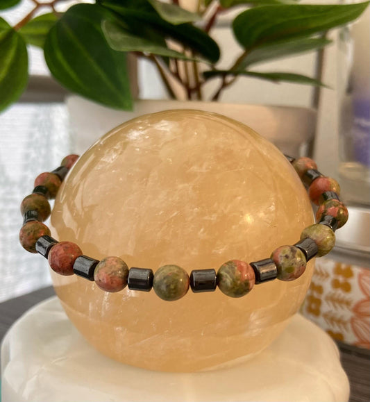 Unakite and Hematite Bracelet, handmade 6mm genuine gemstone stretch beaded bracelet for spiritual healing and protection