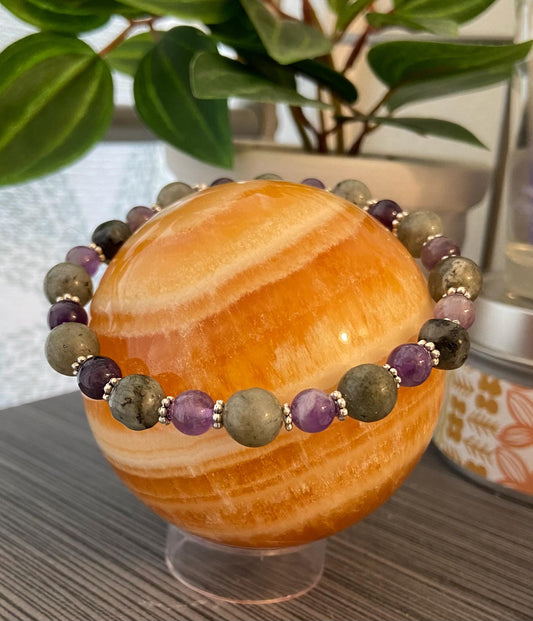 Amethyst and Labradorite Bracelet, handmade genuine gemstone stretch beaded bracelet for spiritual healing and protection