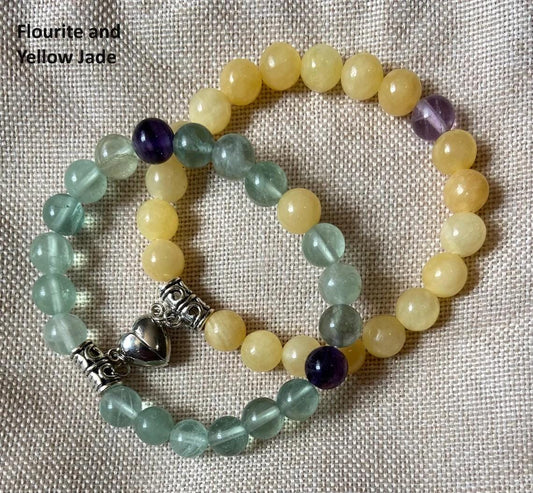 Semiprecious 8mm Fluorite Yellow Jade Friendship Heart Clasp Bracelet, handmade genuine crystal gemstone stretch beaded