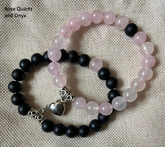 Semiprecious 8mm Rose Quartz Onyx Friendship Heart Clasp Bracelet, handmade genuine crystal gemstone stretch beaded
