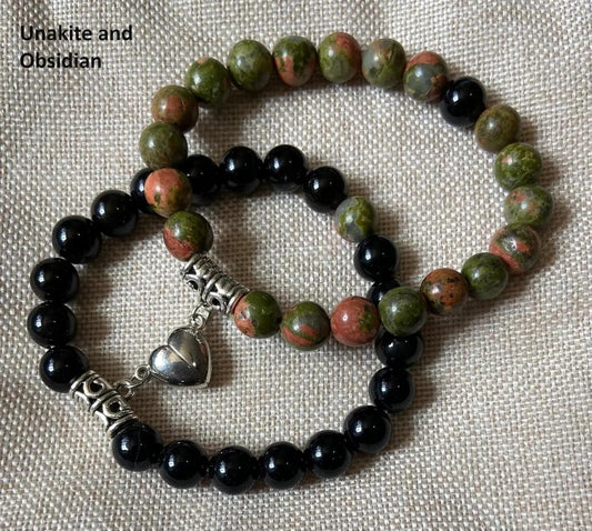 Semiprecious 8mm Unakite Obsidian Friendship Heart Clasp Bracelet, handmade genuine crystal gemstone stretch beaded