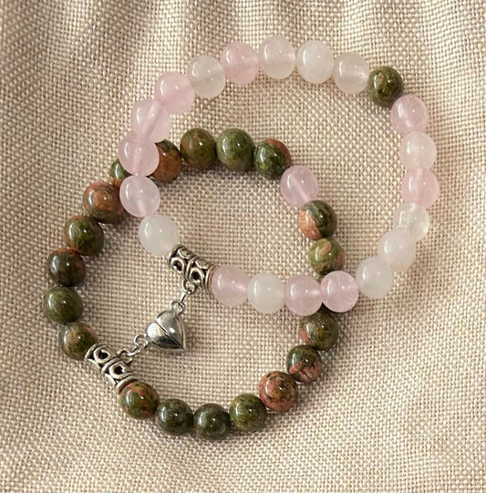 Semiprecious 8mm Rose Quartz Unakite Friendship Heart Clasp Bracelet, handmade genuine crystal gemstone stretch beaded