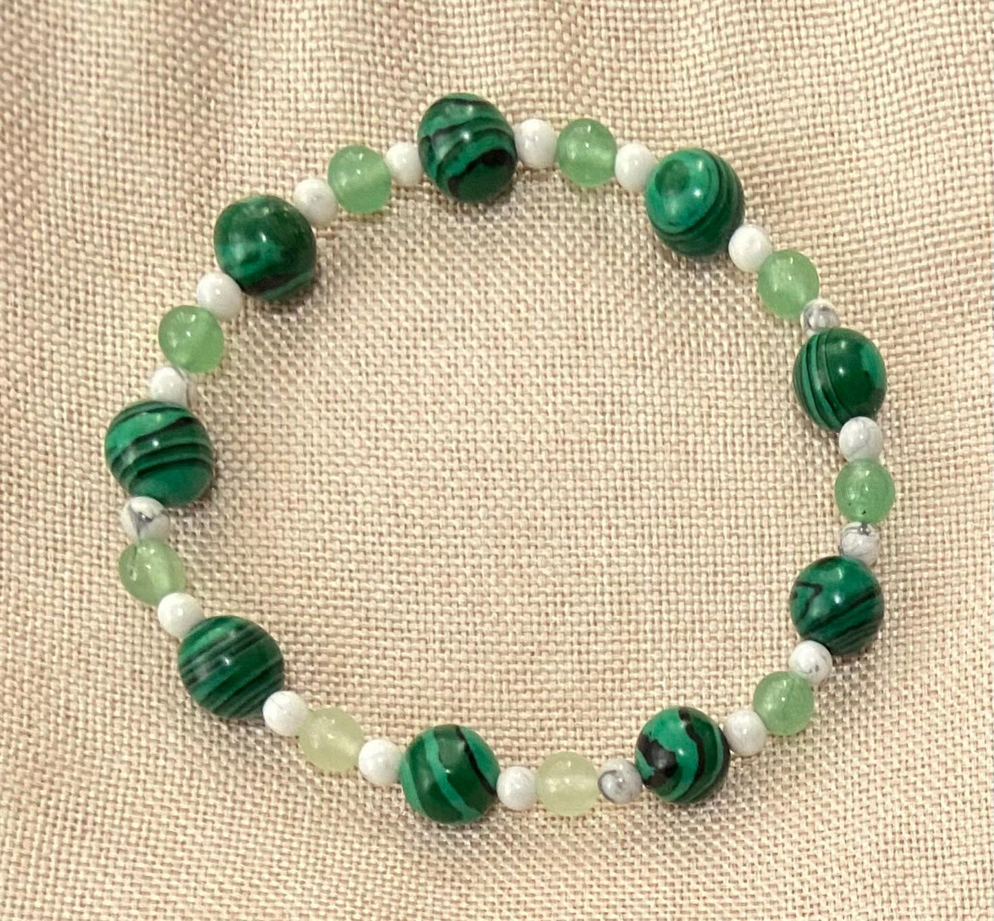 Malachite, Green Aventurine and Howlite Bracelet, handmade genuine gemstone stretch beaded bracelet for spiritual protection