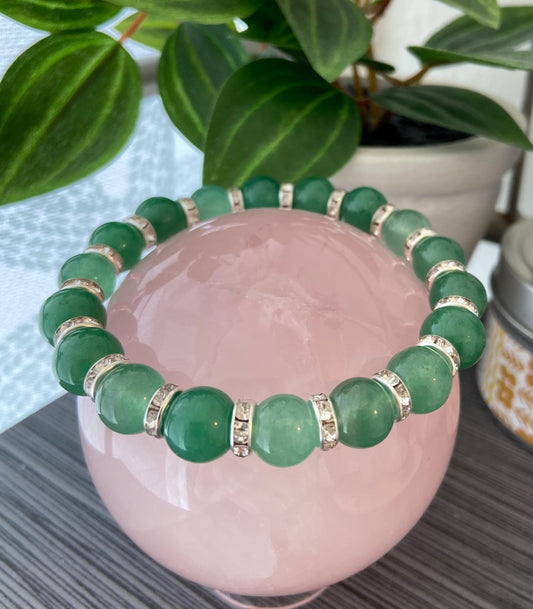Green Aventurine and Crystal Rondelle Bracelet, handmade 10mm genuine gemstone stretch beaded bracelet for spiritual healing and protection
