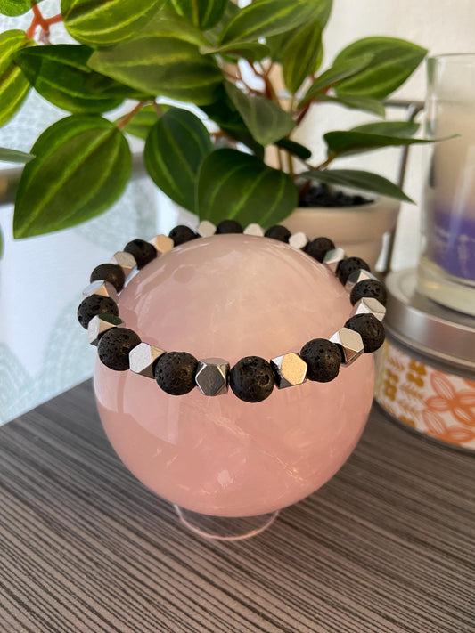 Lava Stone and Hematite Bracelet, handmade genuine gemstone stretch beaded bracelet for spiritual protection