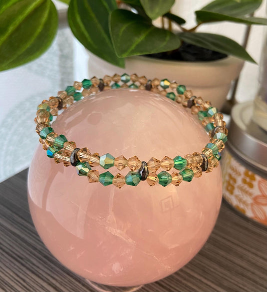 Genuine Czech Crystal Topaz AB and Emerald 4mm Bicone Double Loop Bracelet, handmade stretch bead for spiritual healing and protection