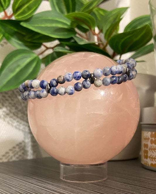 Genuine Sodalite Double Loop Bracelet, handmade 4mm gemstone hematite glass stretch beaded bracelet for spiritual healing and protection