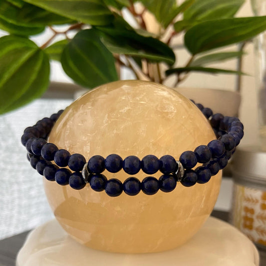 Genuine Lapis Lazuli Double Loop Bracelet, handmade 4mm gemstone hematite glass stretch beaded bracelet for spiritual healing and protection