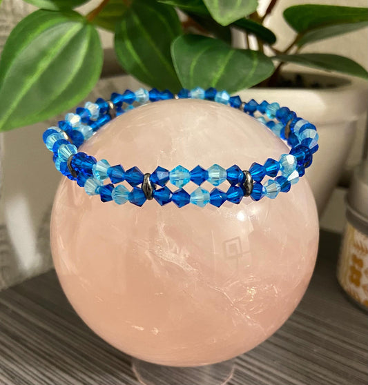 Genuine Czech Crystal Capri Blue and Aqua 4mm Bicone Double Loop Bracelet, handmade stretch bead for spiritual healing and protection