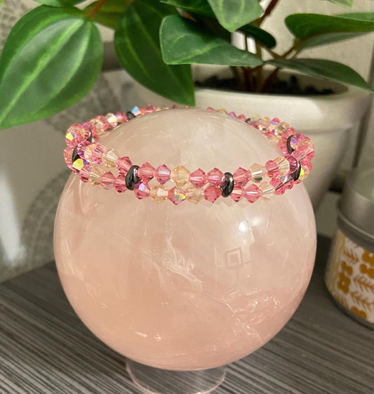 Genuine Czech Crystal Rose AB and Pink 4mm Bicone Double Loop Bracelet, handmade stretch bead for spiritual healing and protection