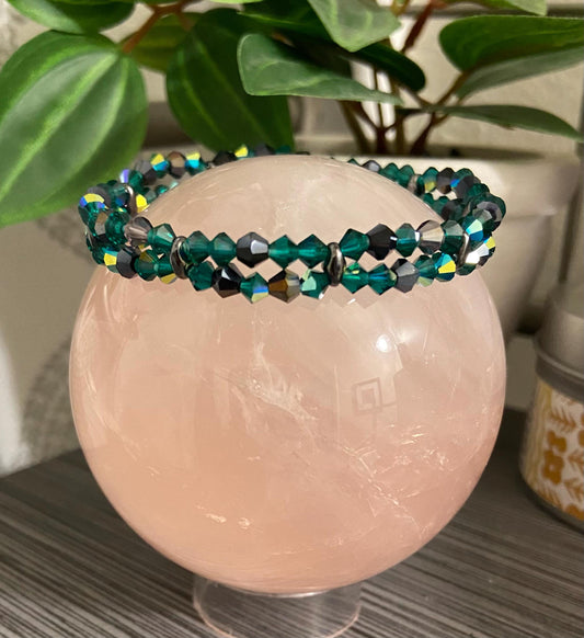Genuine Czech Crystal Emerald AB and Charcoal 4mm Bicone Double Loop Bracelet, handmade stretch bead for spiritual healing and protection