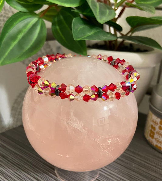 Genuine Czech Ruby and Pink 4mm Bicone Double Loop Bracelet, handmade stretch bead for spiritual healing and protection