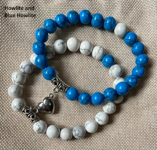 Semiprecious 8mm Howlite Blue Howlite Friendship Heart Clasp Bracelet, handmade genuine crystal gemstone stretch beaded