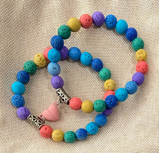 Semiprecious 8mm Rainbow Lava Stone Friendship Heart Clasp Bracelet, handmade genuine crystal gemstone stretch beaded