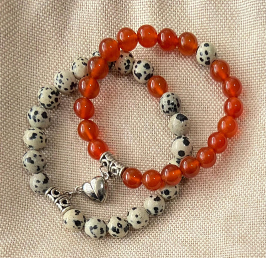 Semiprecious 8mm Carnelian Dalmatian Jasper Friendship Heart Clasp Bracelet, handmade genuine crystal gemstone stretch beaded