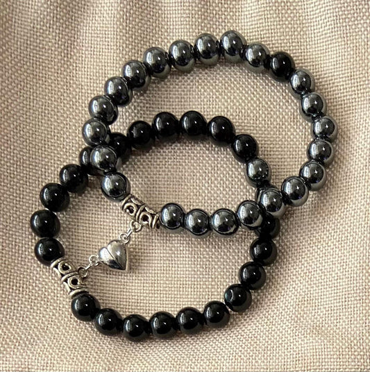 Semiprecious 8mm Hematite Obsidian Friendship Heart Clasp Bracelet, handmade genuine crystal gemstone stretch beaded