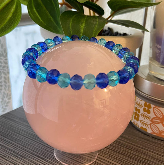 Sapphire and Capri Blue Glass Crystal 8mm Bracelet, handmade stretch beaded bracelet spiritual healing protection