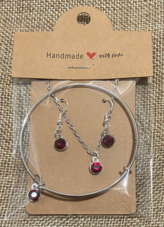 January Birthstone Charm Set: Includes Necklace, Earrings, and Bracelet, all Handmade with Love!