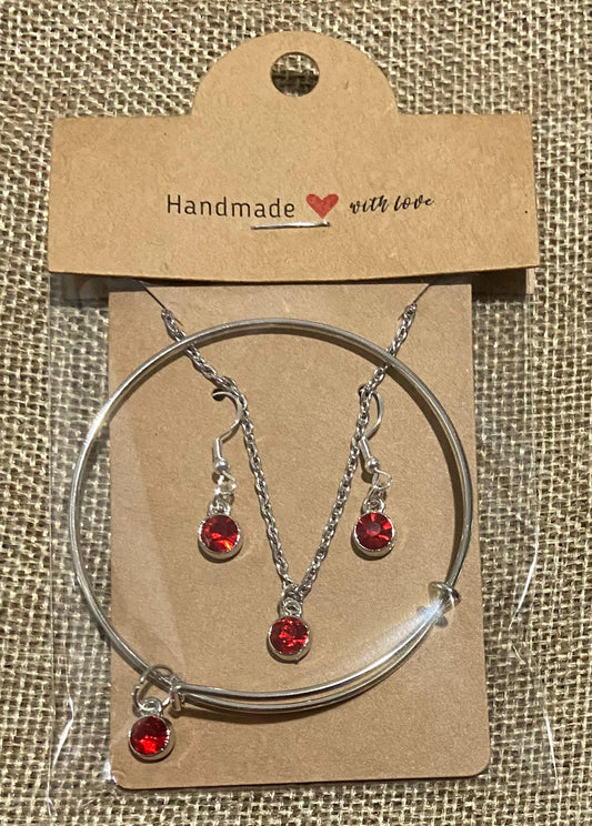 July Birthstone Charm Set: Includes Necklace, Earrings, and Bracelet, all Handmade with Love!