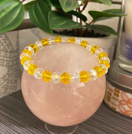 Gold and Rainbow Aurora Borealis Glass Crystal 8mm Bracelet, handmade stretch beaded bracelet spiritual healing protection