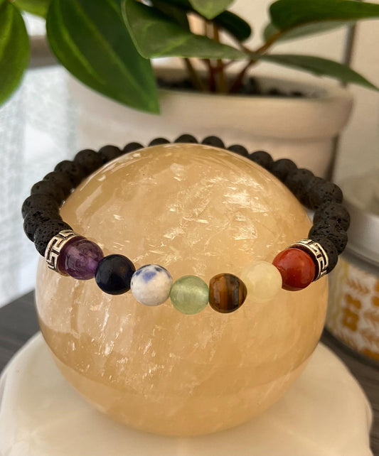 Chakra 6mm Semiprecious Lava Stone Bracelet, handmade genuine gemstone stretch beaded bracelet spiritual healing protection
