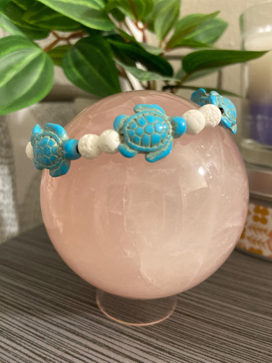 Semiprecious 18mm Howlite Turtle 6mm Lava Stone bracelet, handmade genuine crystal gemstone stretch beaded spiritual healing protection