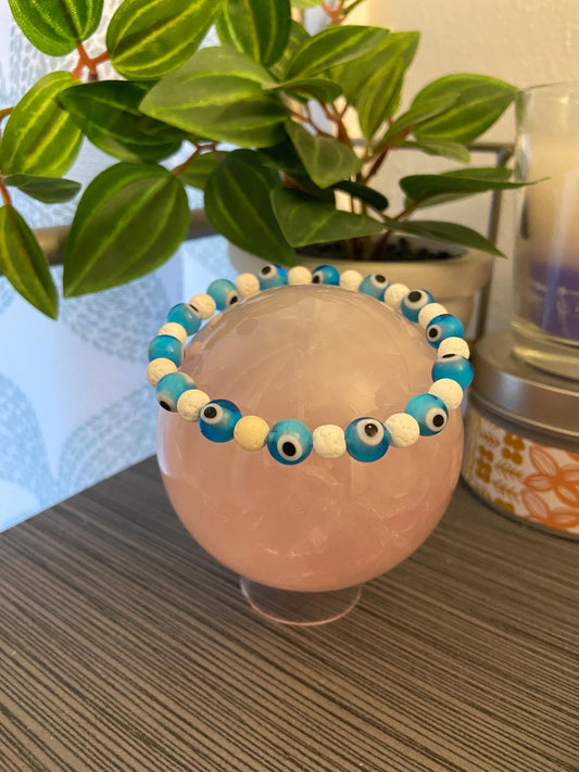 8mm Light Blue Glass Evil Eye and 6mm Genuine White Lava Stone Bracelet, handmade stretch beaded bracelet for spiritual healing protection