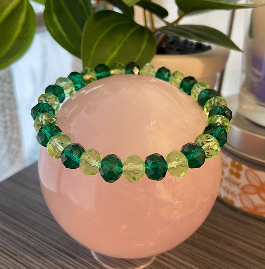 Emerald and Peridot Glass Crystal 8mm Bracelet, handmade stretch beaded bracelet spiritual healing protection