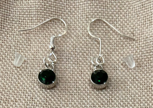 May Birthstone Charm Earrings 925 Sterling Silver Earring Hooks with Clear Silicone Backs