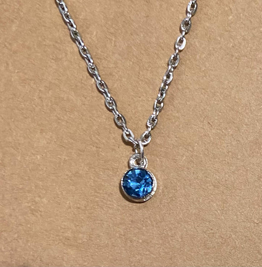 March Birthstone Charm Necklace 16" Stainless Steel Chain with Lobster Clasp