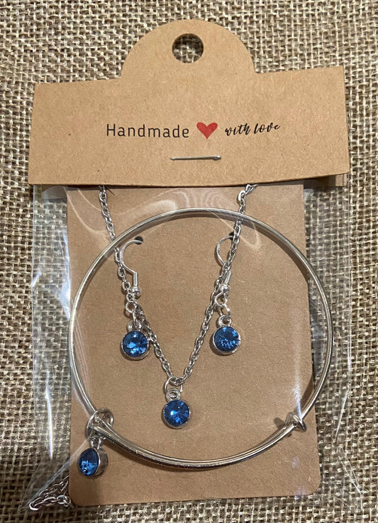 March Birthstone Charm Set: Includes Necklace, Earrings, and Bracelet, all Handmade with Love!