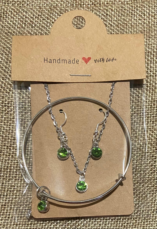 August Birthstone Charm Set: Includes Necklace, Earrings, and Bracelet, all Handmade with Love!