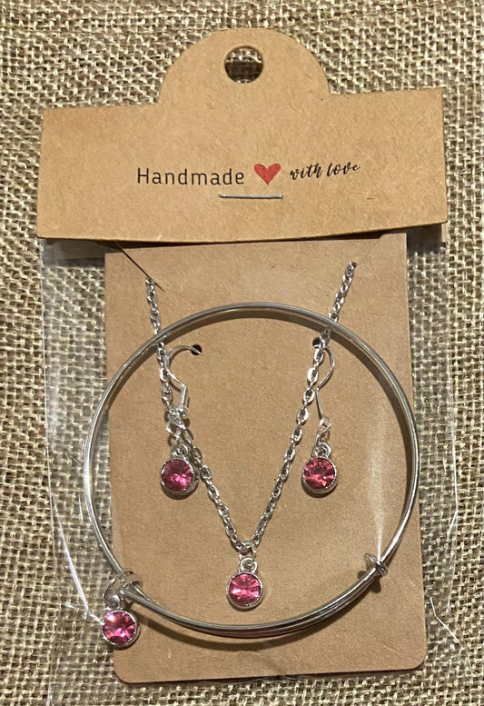 October Birthstone Charm Set: Includes Necklace, Earrings, and Bracelet, all Handmade with Love!